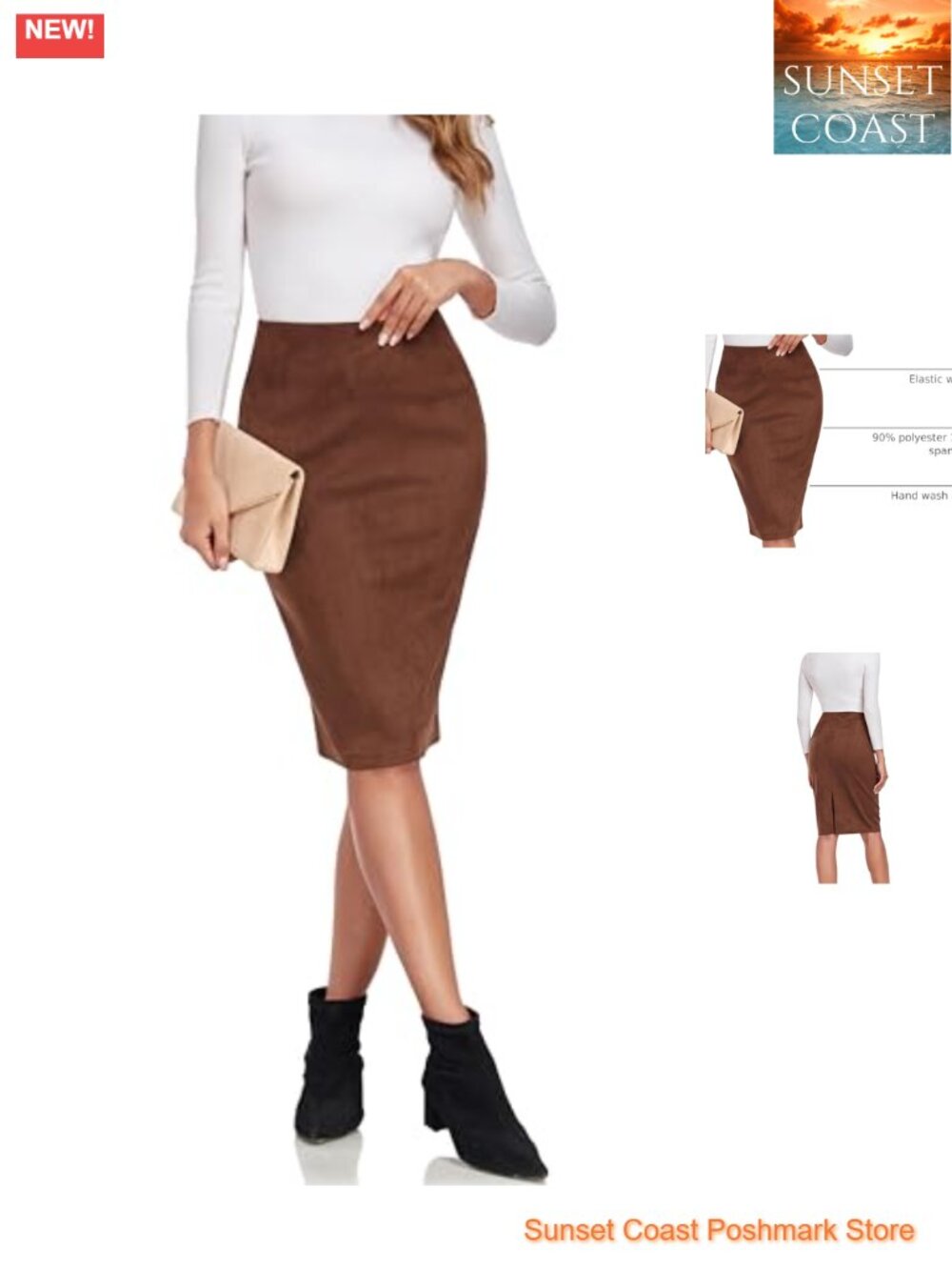 Faux Suede Pencil Skirt Elastic Waist Wear to Work